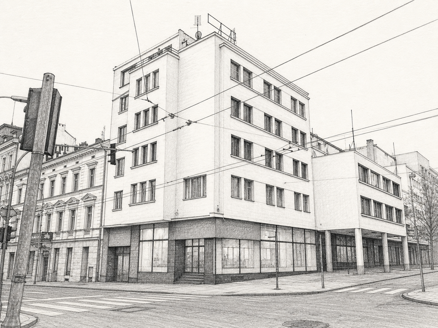 Kreslená skica současné podoby bývalého Kina Elektra v Plzni